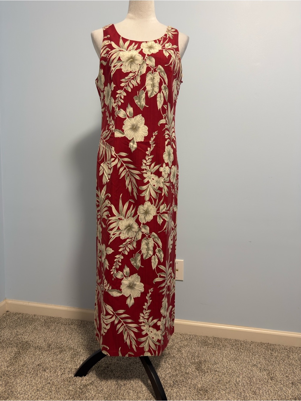 Pineapple Moon sleeveless Maxi red multi-colored floral Hawaiian silk dress sz M